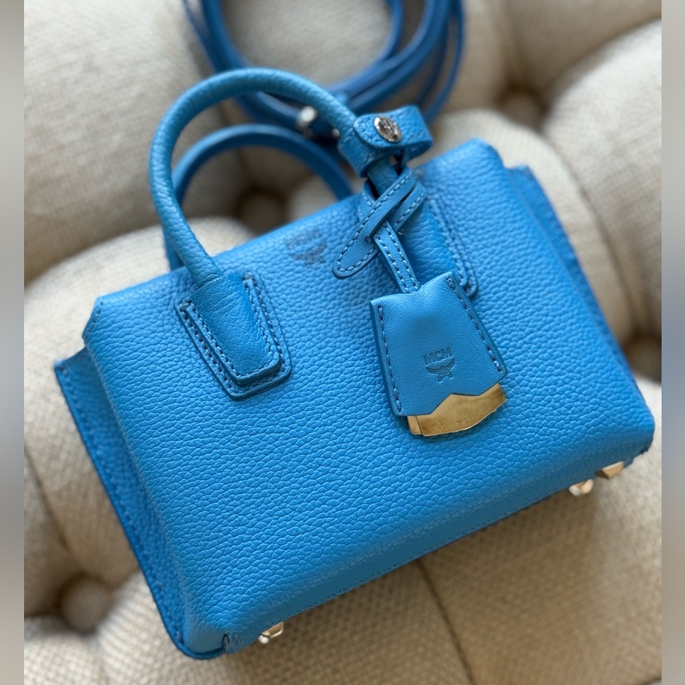 MCM Grained Calfskin X-Mini Milla Tote in Blue
